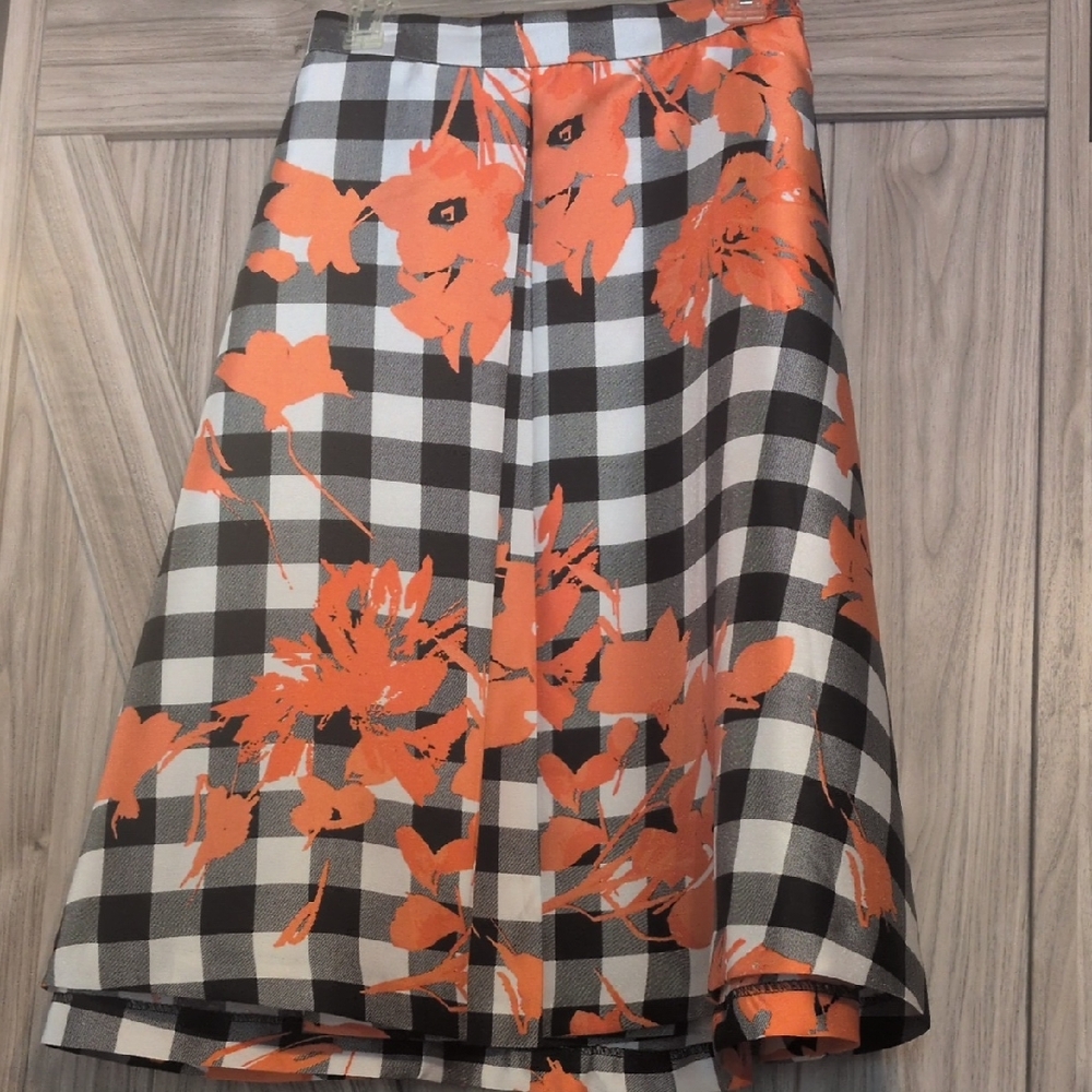 Lane Bryant Black and White Checkered Skirt with Orange Floral